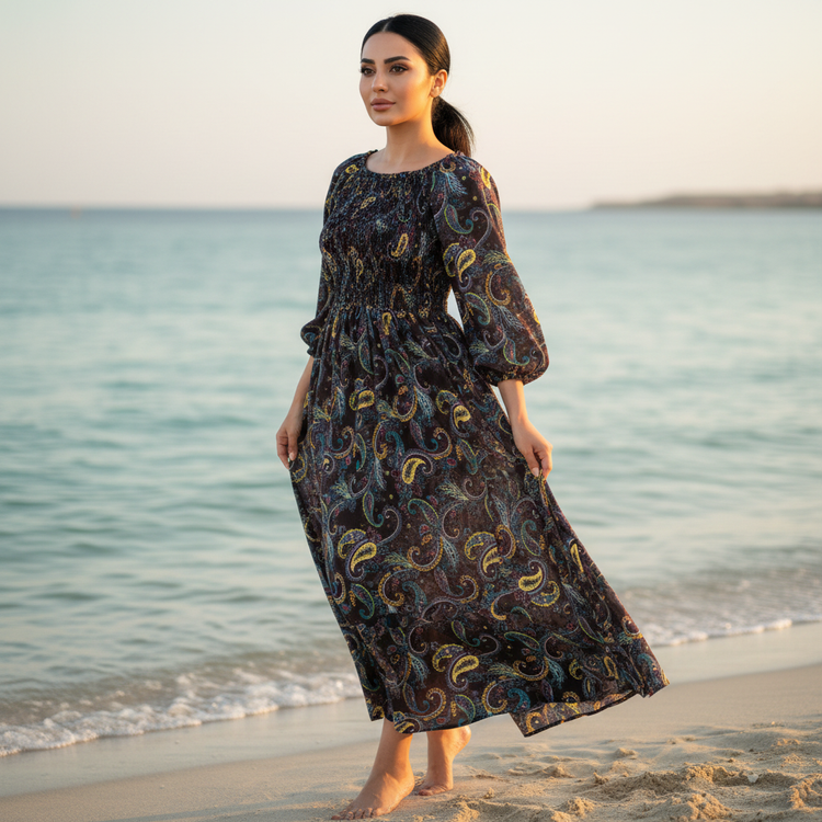 پیراهن بلند ماکسی ساحلی نخی یقه دوحالته طرح جذاب بته جقه