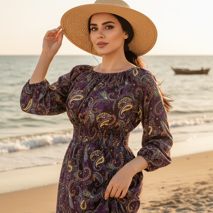 پیراهن بلند ماکسی ساحلی نخی یقه دوحالته طرح جذاب بته جقه