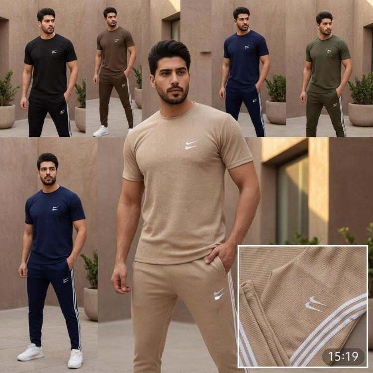 ست مردانه تیشرت شلوار بیسکویتی طرح پرطرفدار دونایک نوار دوزی شده