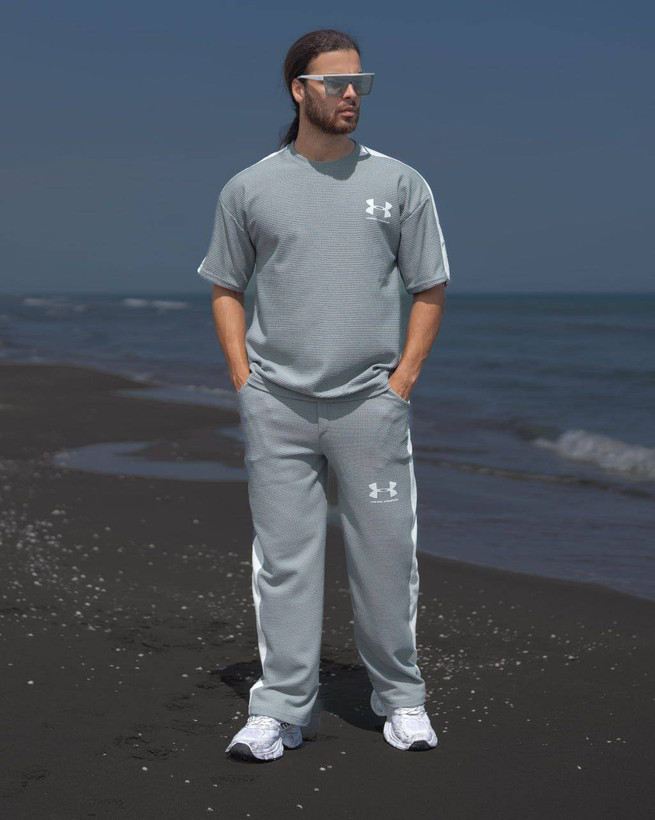 ست تیشرت شلوار بیسکوییتی طرح جذاب UNDER ARMOUR نواردوزی شده