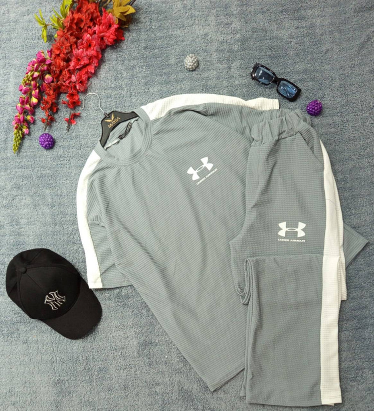 ست تیشرت شلوار بیسکوییتی طرح جذاب UNDER ARMOUR نواردوزی شده