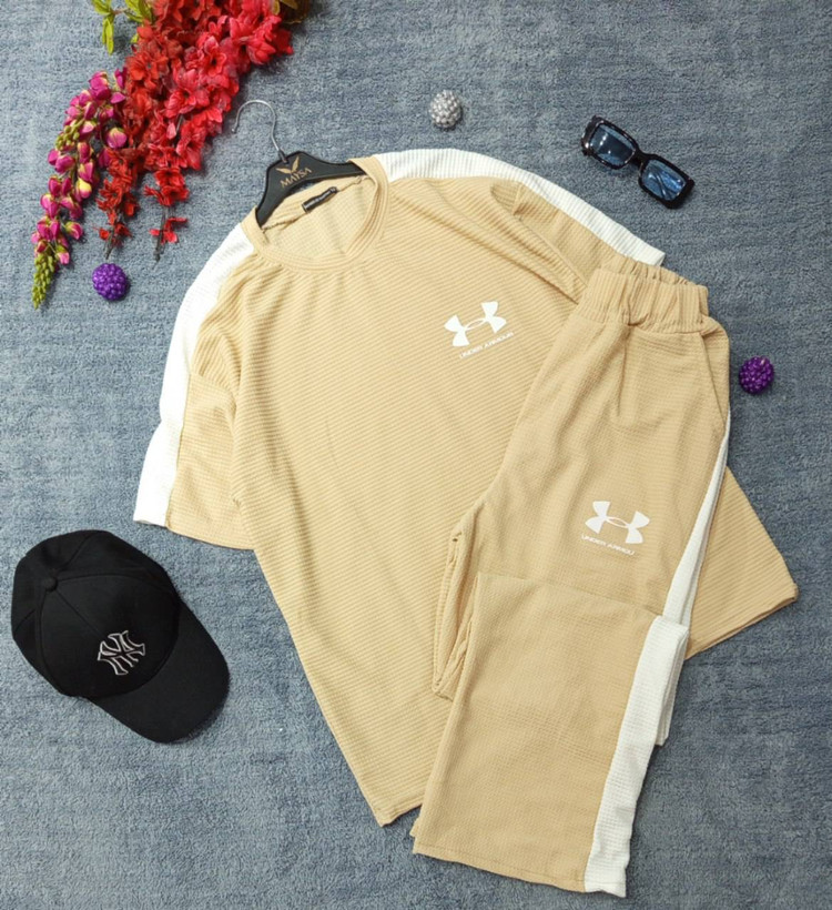ست تیشرت شلوار بیسکوییتی طرح جذاب UNDER ARMOUR نواردوزی شده