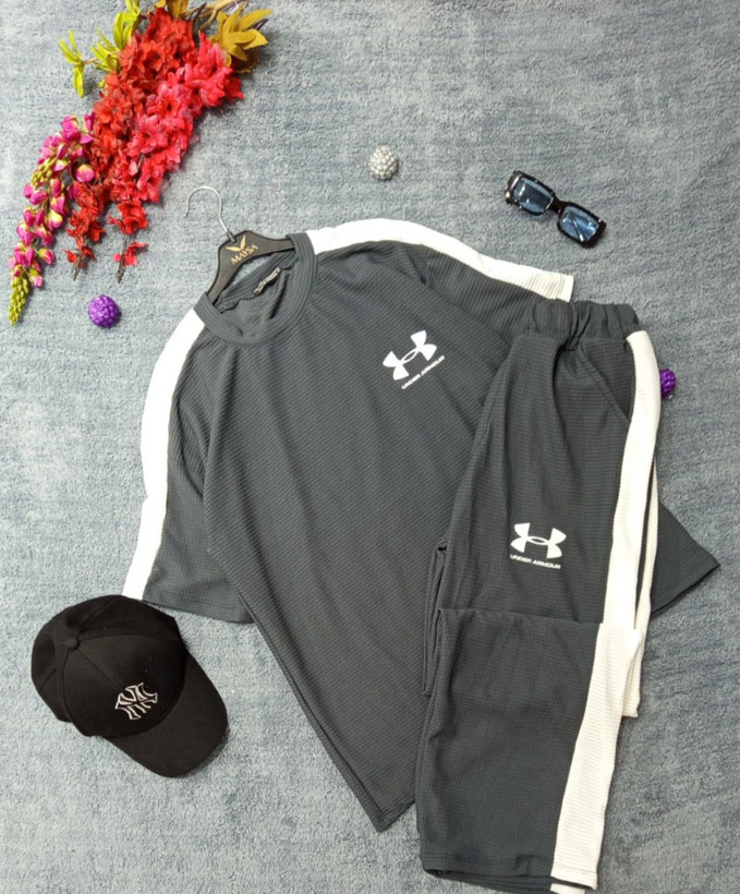 ست تیشرت شلوار بیسکوییتی طرح جذاب UNDER ARMOUR نواردوزی شده
