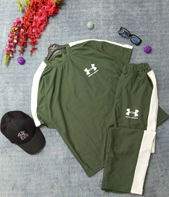 ست تیشرت شلوار بیسکوییتی طرح جذاب UNDER ARMOUR نواردوزی شده