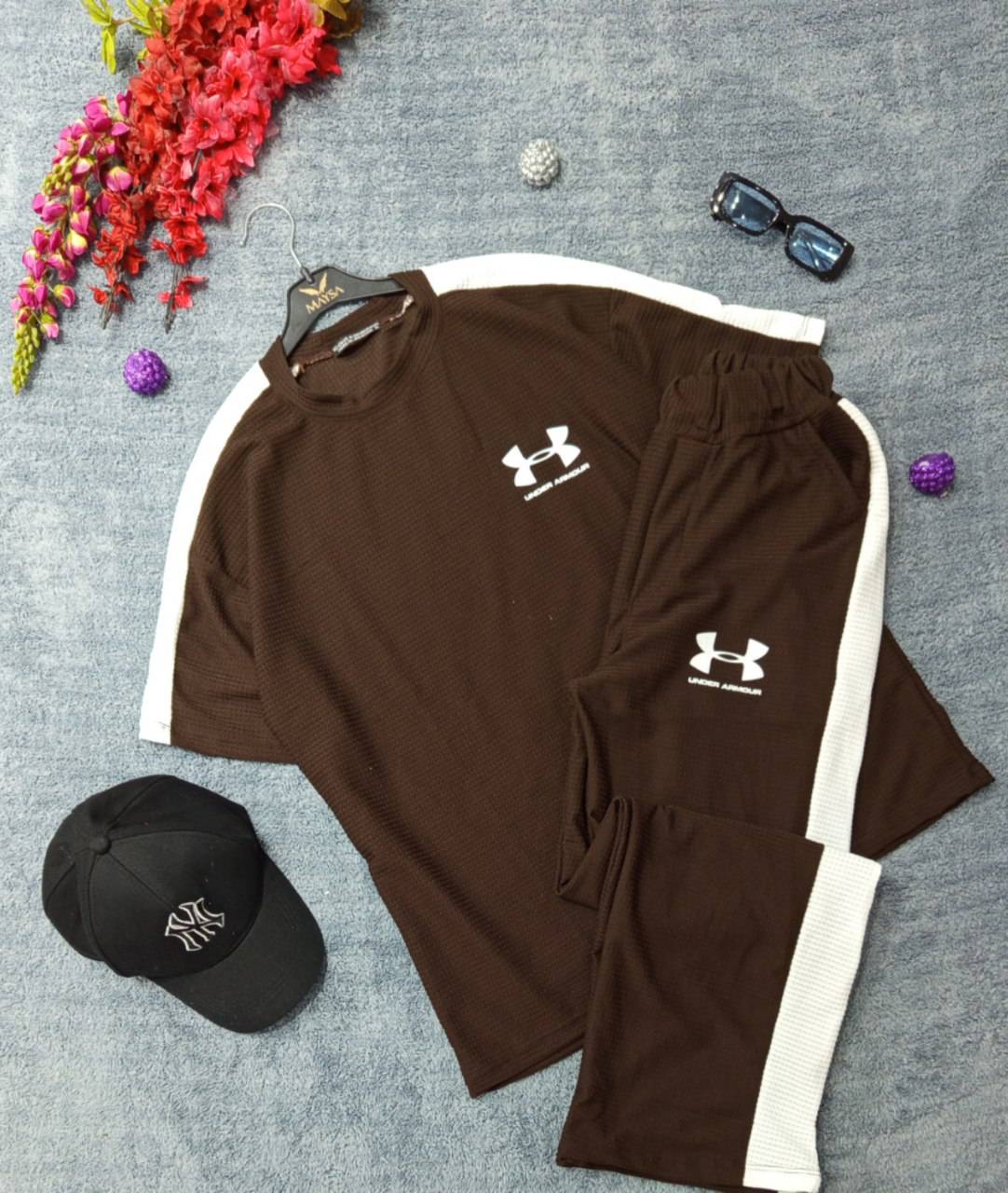 ست تیشرت شلوار بیسکوییتی طرح جذاب UNDER ARMOUR نواردوزی شده