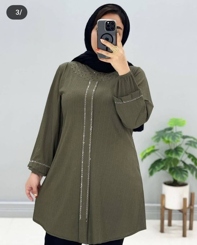تونیک یقه گرد وسط پیله نگین دار کریشه پلاس سایزبزرگ