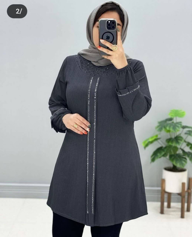 تونیک یقه گرد وسط پیله نگین دار کریشه پلاس سایزبزرگ