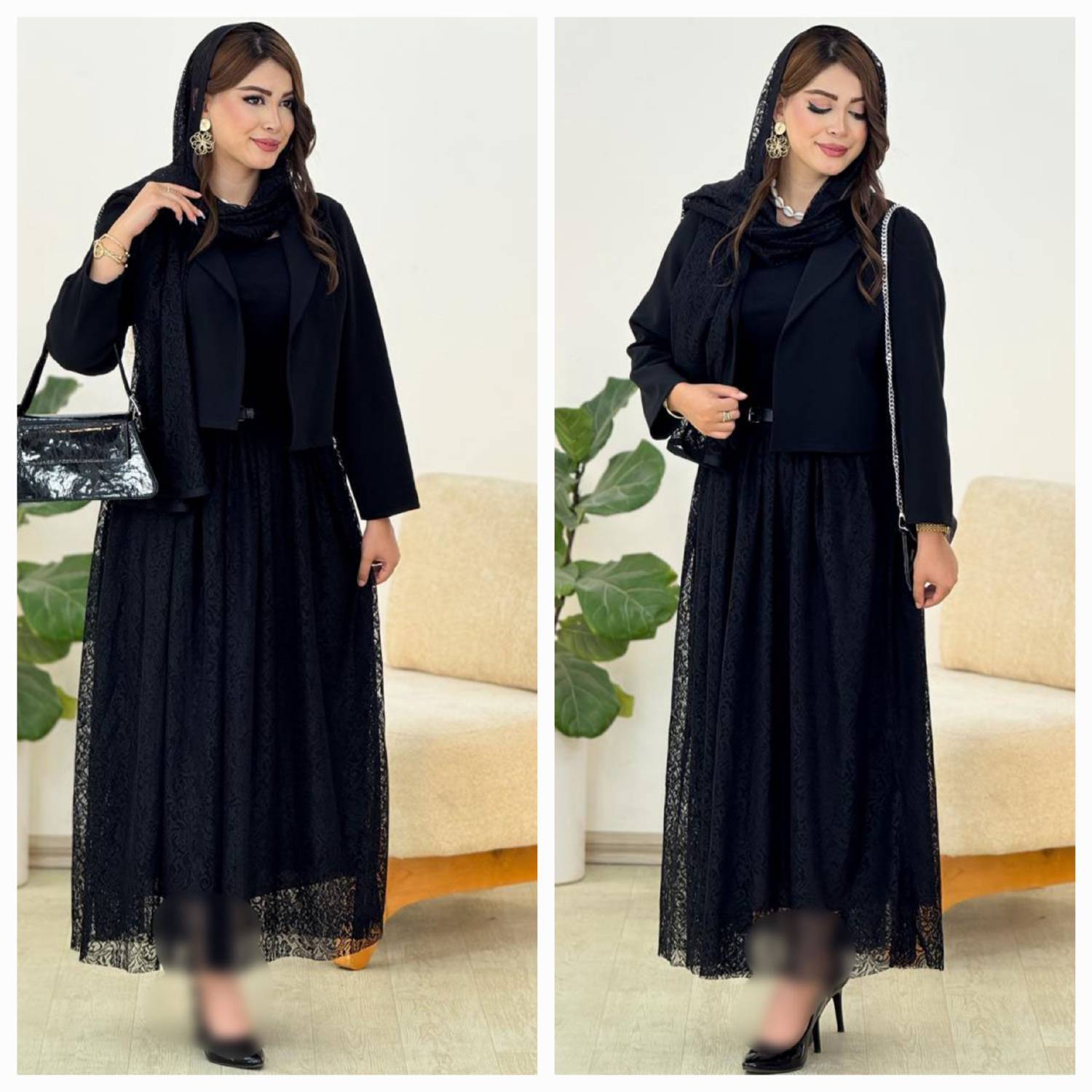 ست سه تیکه دانتل 👗💥کت+دامن+شال