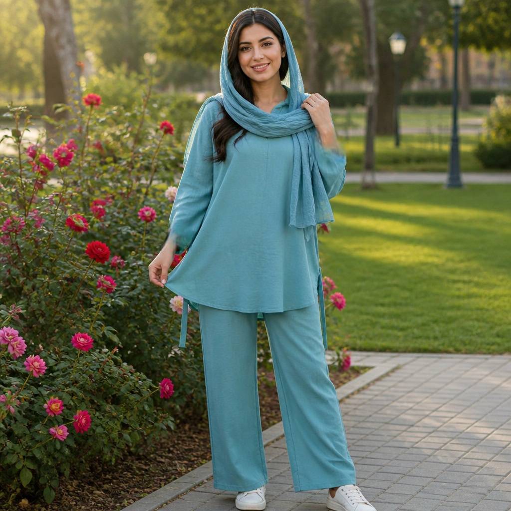 ست یقه کوبایی ابروبادی خنک وراحت وپارچه گرم بالا تونیک مانتویی و شلوار قواره دار